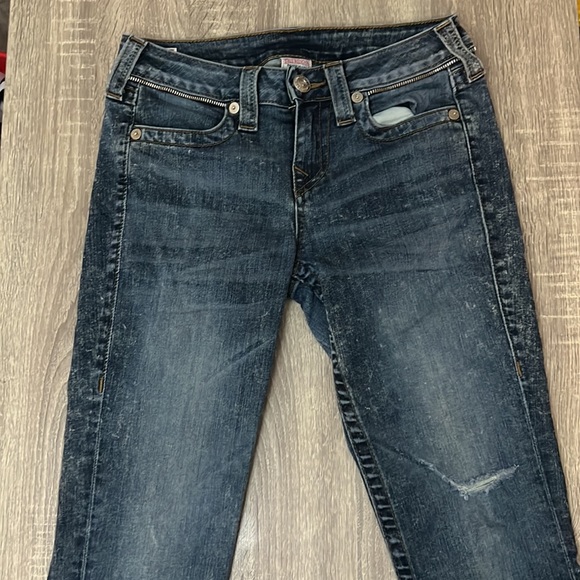 TRUE RELIGION acid wash distressed skinny contrast stitch zipper pocket - Picture 4 of 6